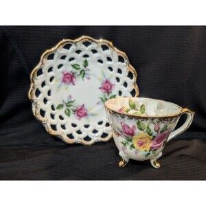 Trimont Ware Japan Teacup & Lattice Saucer Roses Iridescent Bright Gold Accents